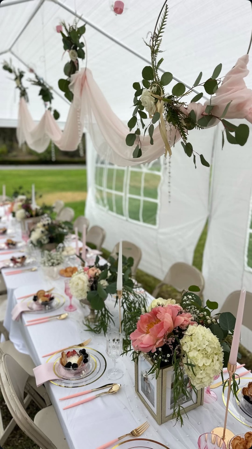 Blush formal tablescape with suspended florals
