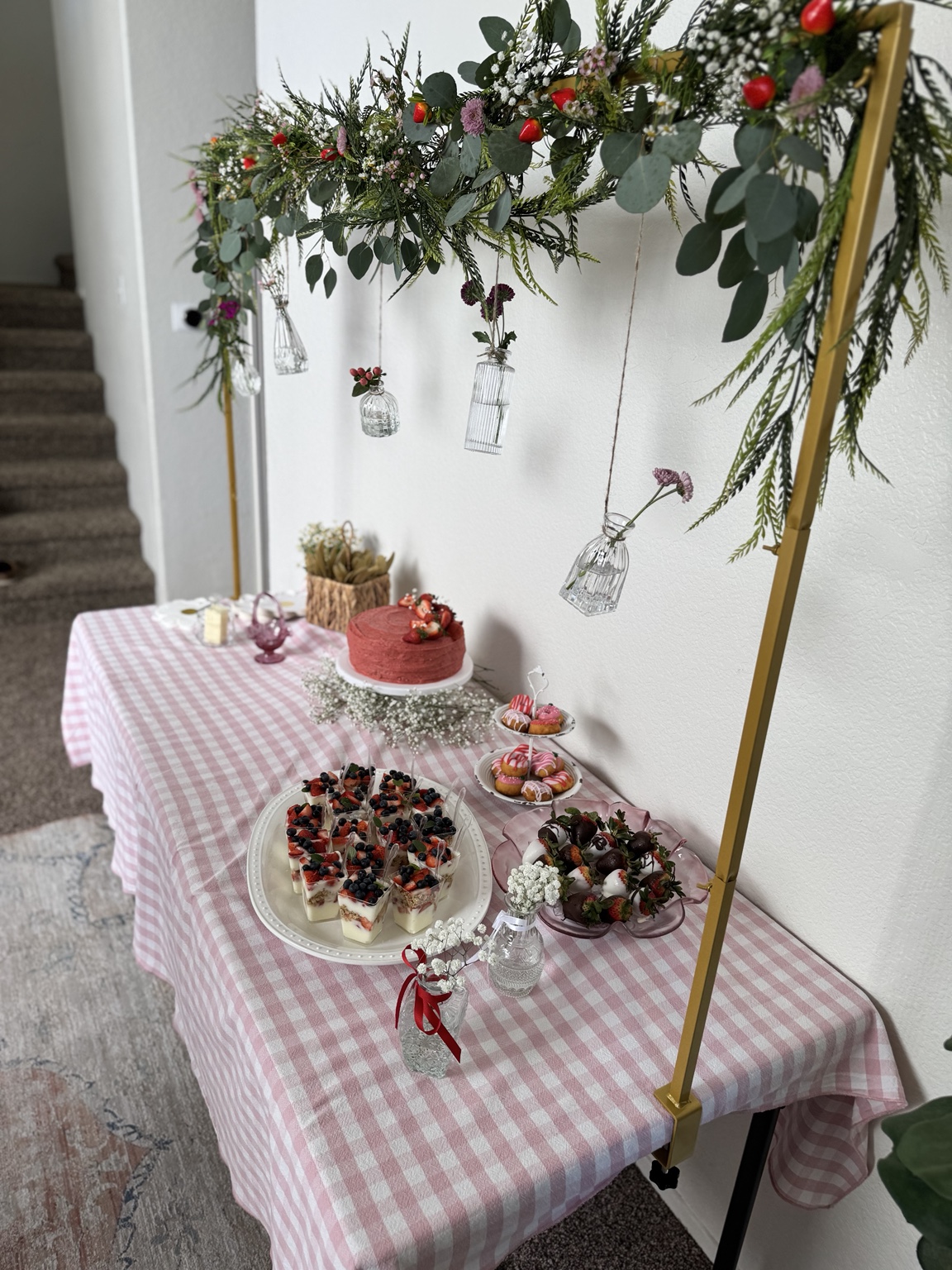 Strawberry dessert table with floral frame